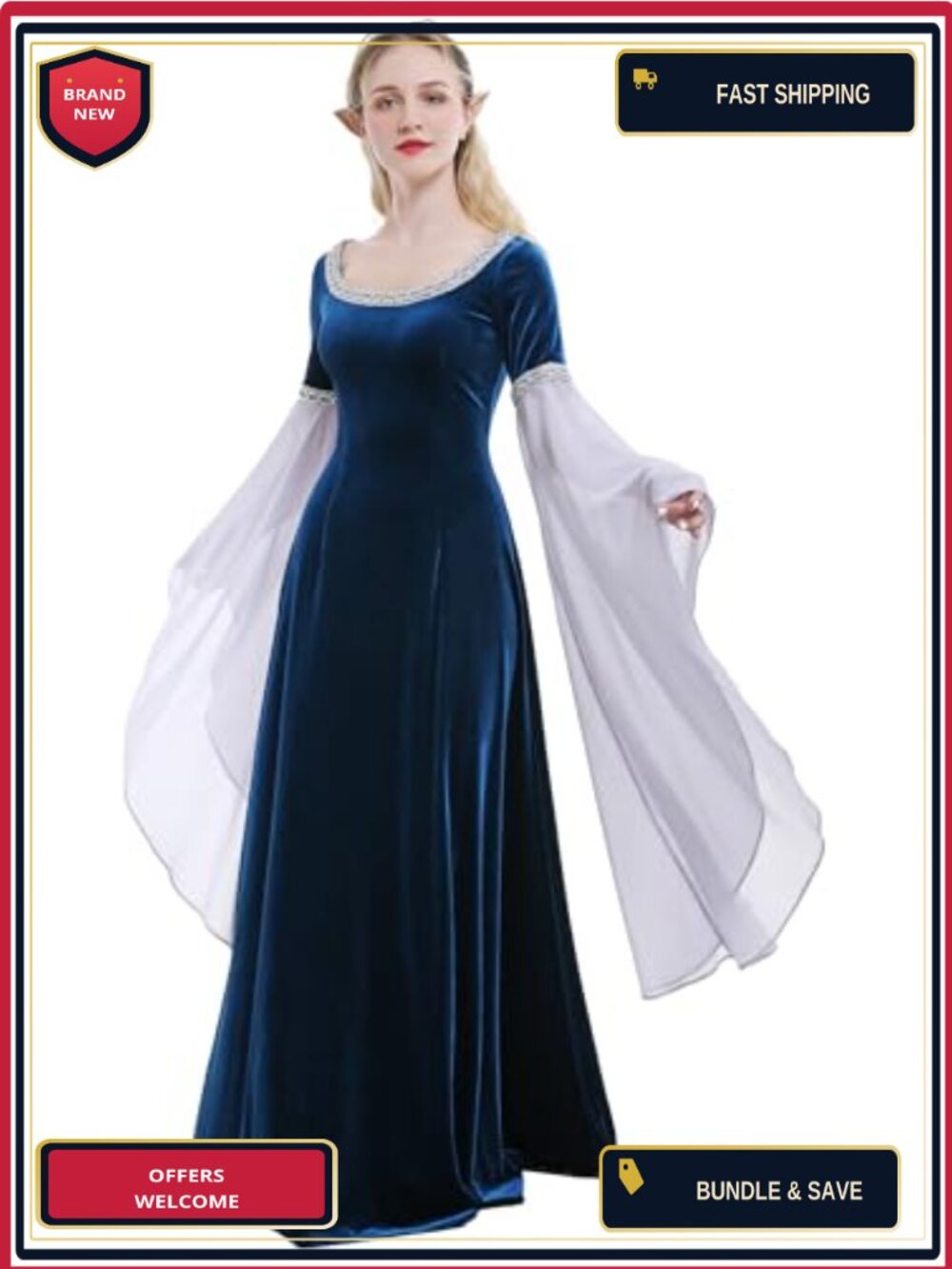 Medieval Renaissance Velvet Gown Costume Dress Chiffon Sleeves Handmade